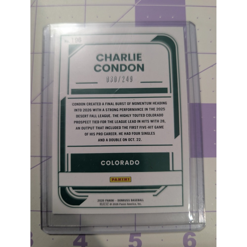 2026 Panini Donruss Charlie Condon Rated Prospect Blue Laser /249 No 196 - Picture 2 of 2
